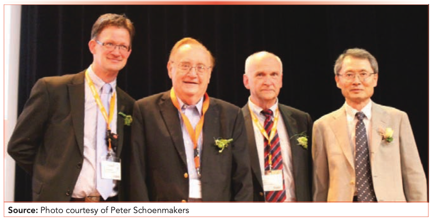 A photo taken at the 39th International HPLC conference in Amsterdam in 2013. From left to right: Peter Schoenmakers, Barry Karger, Wolfgang Lindner, and Nobuo Tanaka. The four distinguished chromatographers include Karger and those who worked in Karger’s laboratory at the same time in 1978.