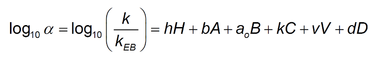h (H)- solute / column hydrophobicity

b (A) – solute / column hydrogen bond basicity

a0 (B) – solute / column hydrogen bond acidity

k © – solute / column cation exchange ability (protonated bases at pH 2.8)

v (V) – solute / column accessible volume (analyte hydrodynamic volume)

d (D) – solute / column dipole parameter