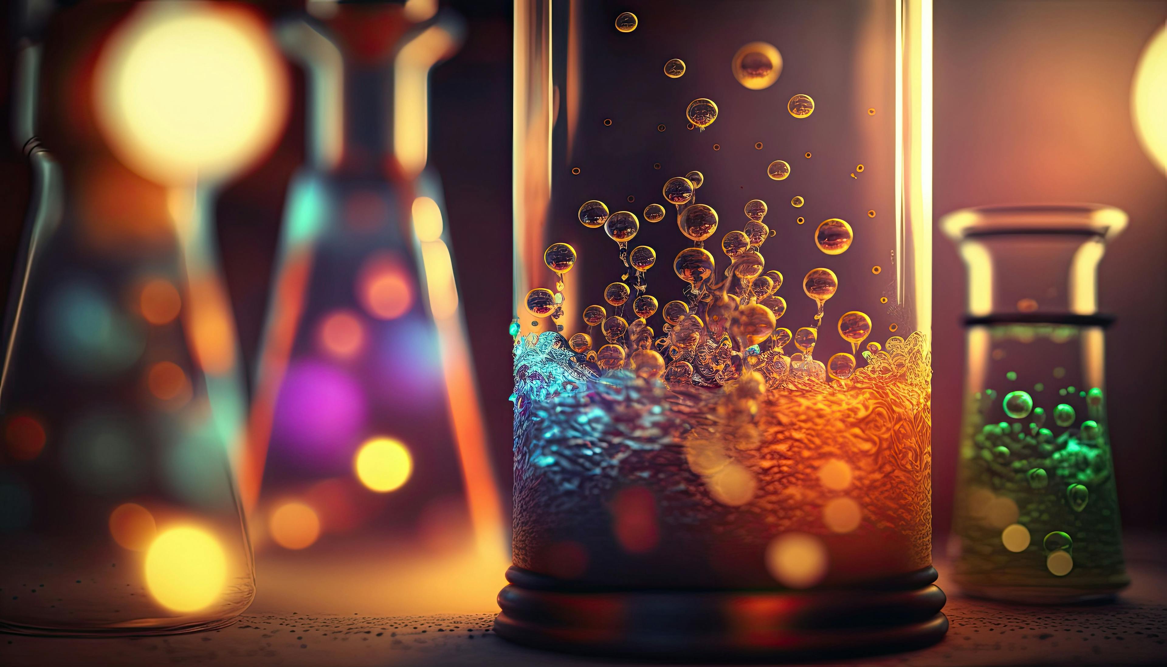 Abstract scientific beakers and bunson burners. Bubbling concoctions and chemical reactions. Colorful vials of liquid. | Image Credit: © Fox Ave Designs - stock.adobe.com