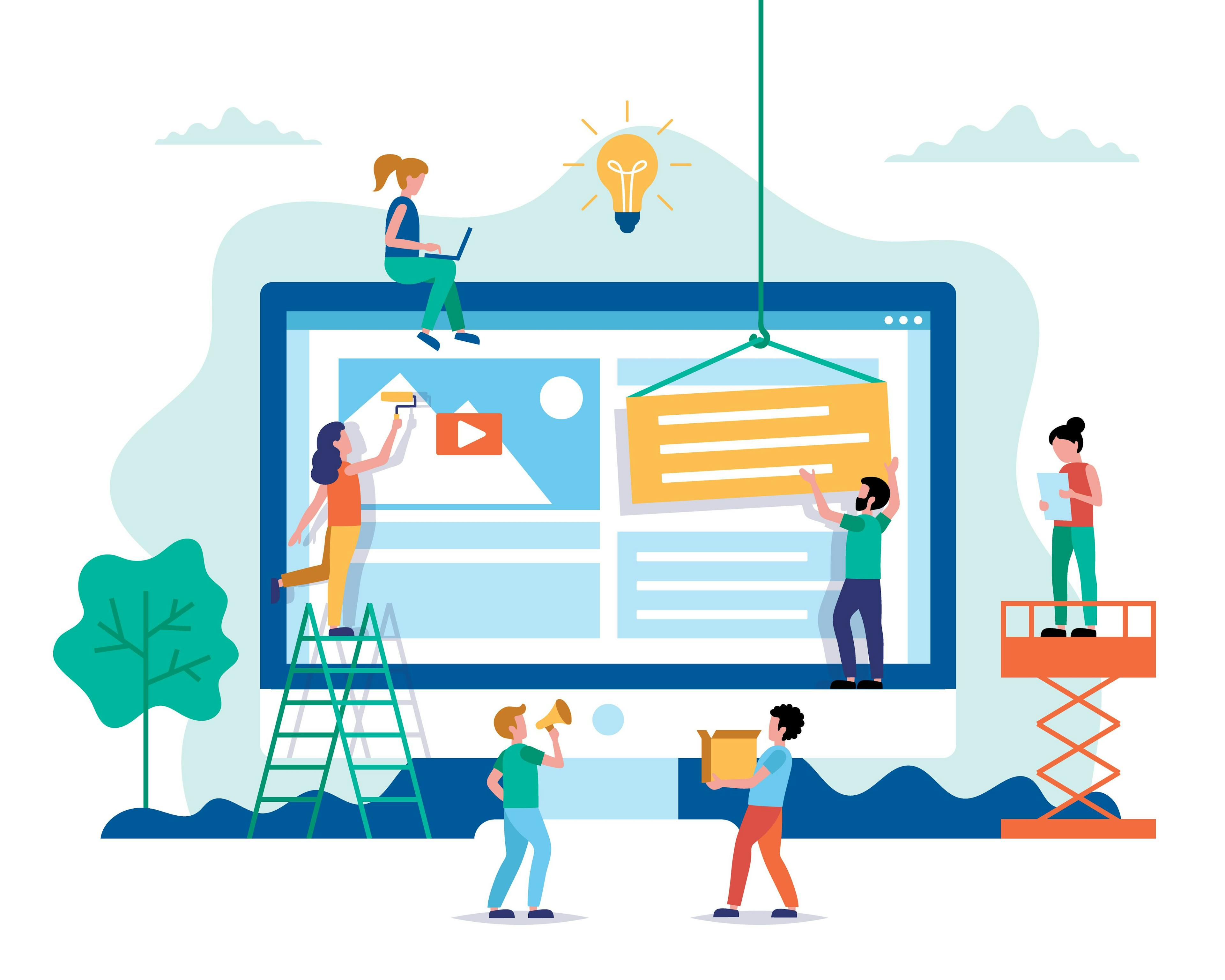 Website design - building a website, working on layout. Small people characters doing various tasks. Concept vector illustration in flat style.