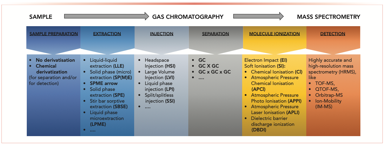 FIGURE 1: Schematic showing multiple options for coupling analytical instruments, such as gas chromatography and mass spectrometry, for performing non-targeted screening (NTS).