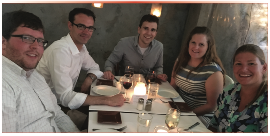 Five former Jorgenson group members Justin Godinho, Edward Franklin, James Grinias, Kaitlin Grinias, and Laura Blue (left to right) are about to enjoy a French dinner in June 2016 at the HPLC Conference in San Francisco, United States. James Grinias was the head volunteer at this conference chaired by his post-doctoral advisor, Robert Kennedy. Thank you to Lois Beaver for hosting the dinner for all conferee volunteers.