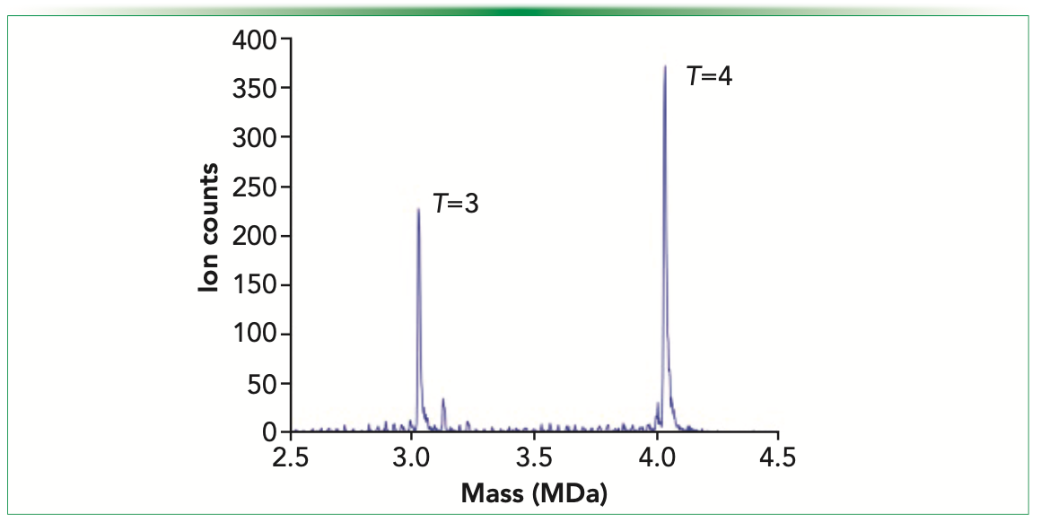 FIGURE 2: A representative example of CDMS spectra. Higher resolving power CDMS mass spectrum measured for HBV Cp149 assembly reaction. There are prominent peaks attributable to the icosahedral T = 3 and T = 4 capsids. The bin size is 2.5 kDa. Reproduced with permission from Analytical Chemistry (2).